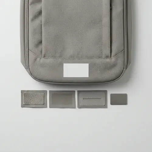 A neutral backpack front panel with a blank logo placement area and four blank logo application samples—embroidered thread, flat ink, molded TPU, and metal badge—laid beside it for custom backpack logo methods comparison.