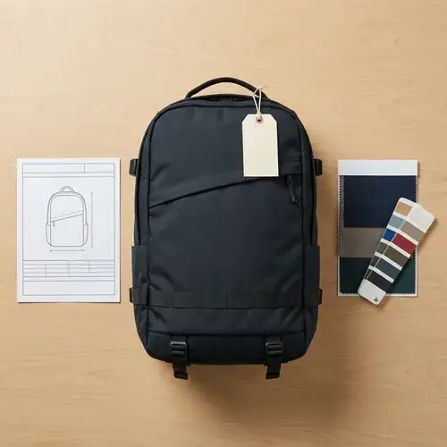 bag-tech-pack-vs-physical-sample Pre-production bag sample approval comparing a printed tech pack spec sheet with a finished custom backpack and approval tag for bag sample approval checklist.