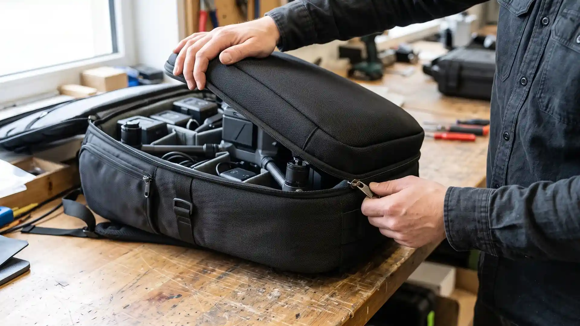 Worker hands guide the zipper closed on a fully loaded drone backpack during a pre-production fit test to check lid clearance over the drone body and gimbal.