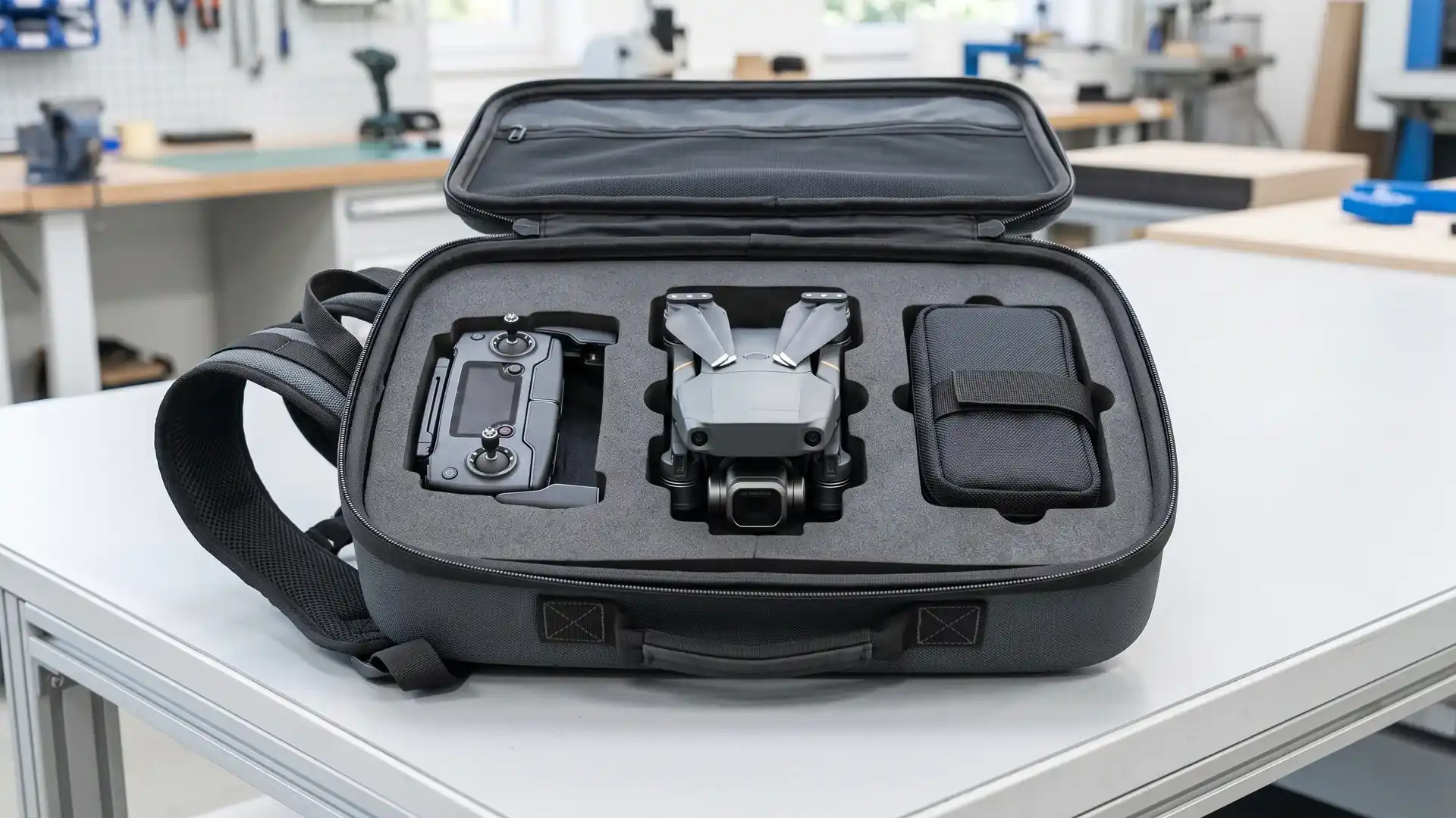 Open molded EVA drone backpack case interior showing drone body, controller, and separate LiPo battery pouch in closed-cell foam cavities to protect the gimbal from vibration during transport.