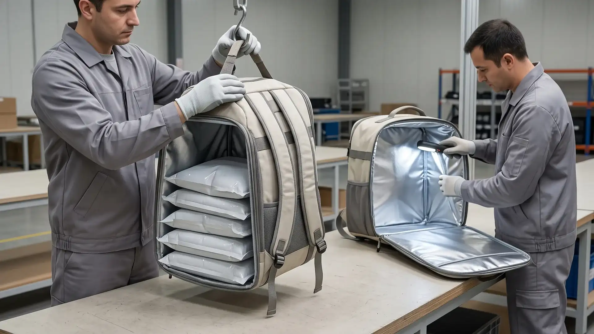 Factory QC worker in clean gloves inspects the suspended top handle and shoulder strap anchor of a loaded food delivery backpack while a second open backpack shows a welded liner seam under inspection light.