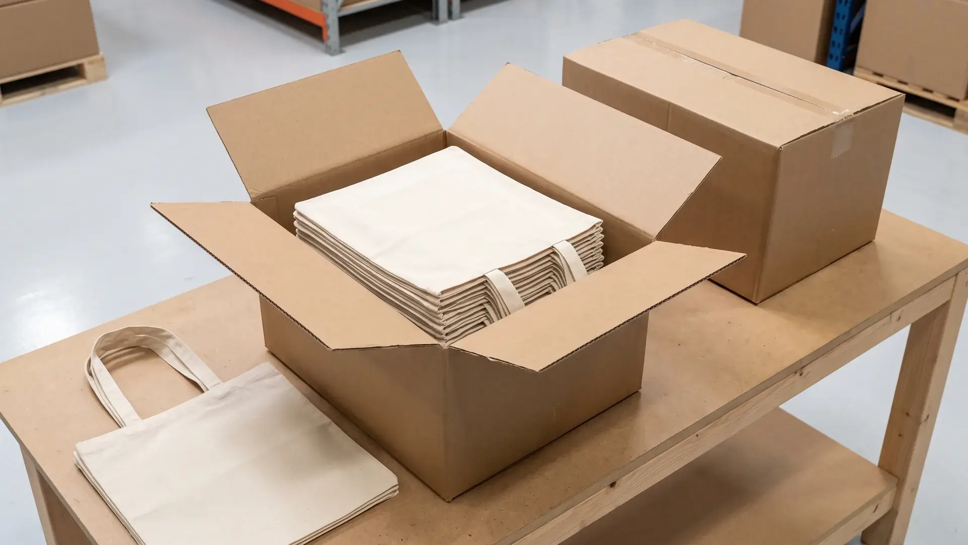 Open master carton with flat-packed custom event bags stacked in uniform layers with handles tucked inward for crease-free delivery and faster kitting.