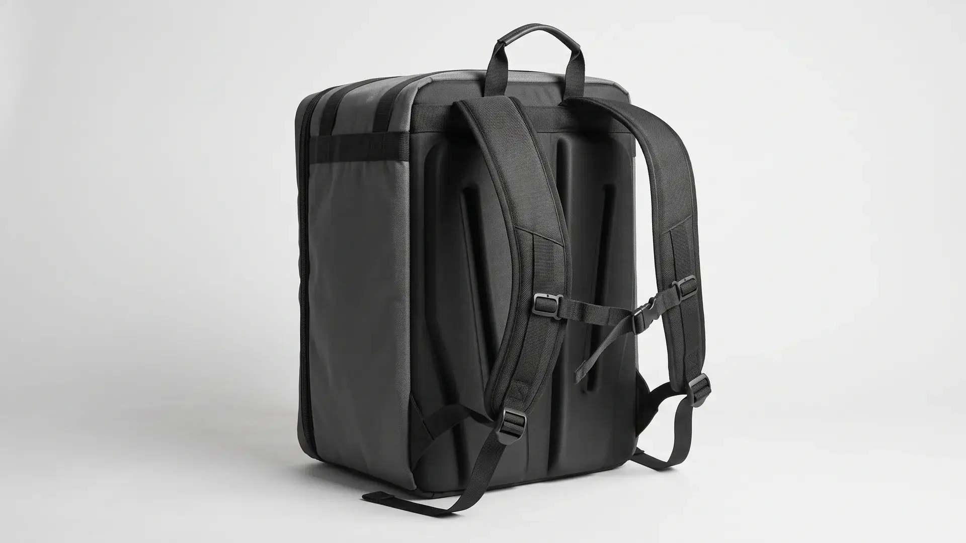 Rear view of a structured food delivery backpack showing a molded EVA back panel with deep airflow channels, wide padded shoulder straps, sternum strap clip, and reinforced top handle.