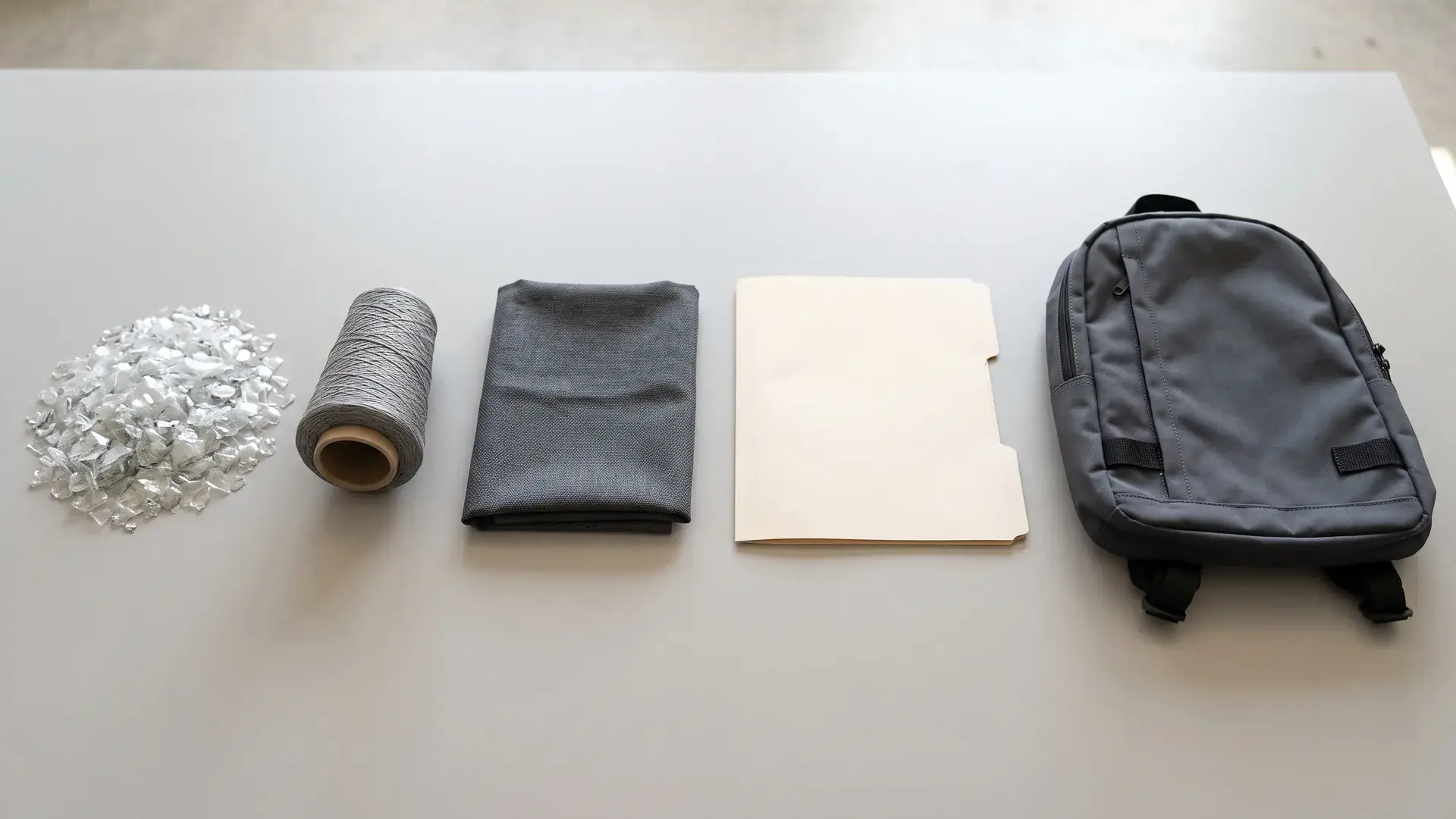 GRS traceability material chain for RPET bags from bottle flakes to yarn, fabric swatch, document folder, and backpack shell panel for sustainable bag sourcing verification.