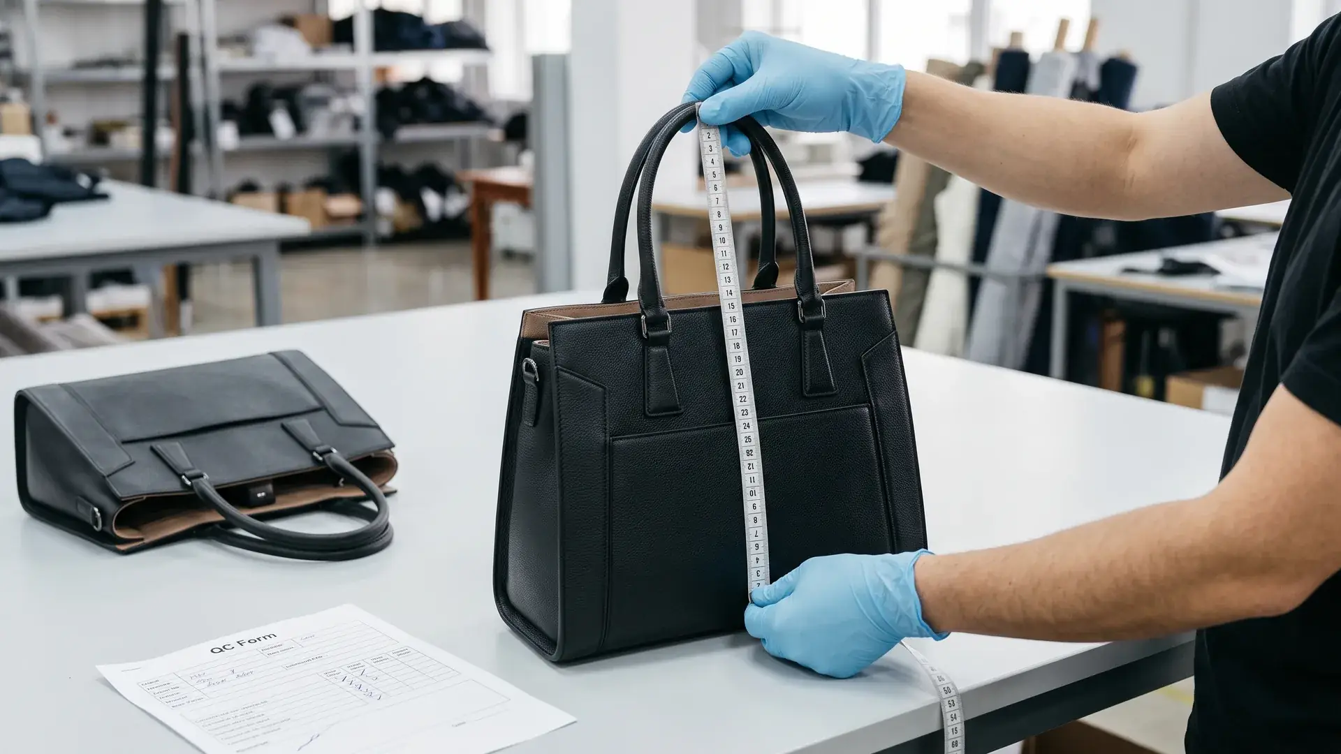 Custom handbag manufacturer QC handle drop measurement on a finished handbag using a measuring tape and inspection sheet.