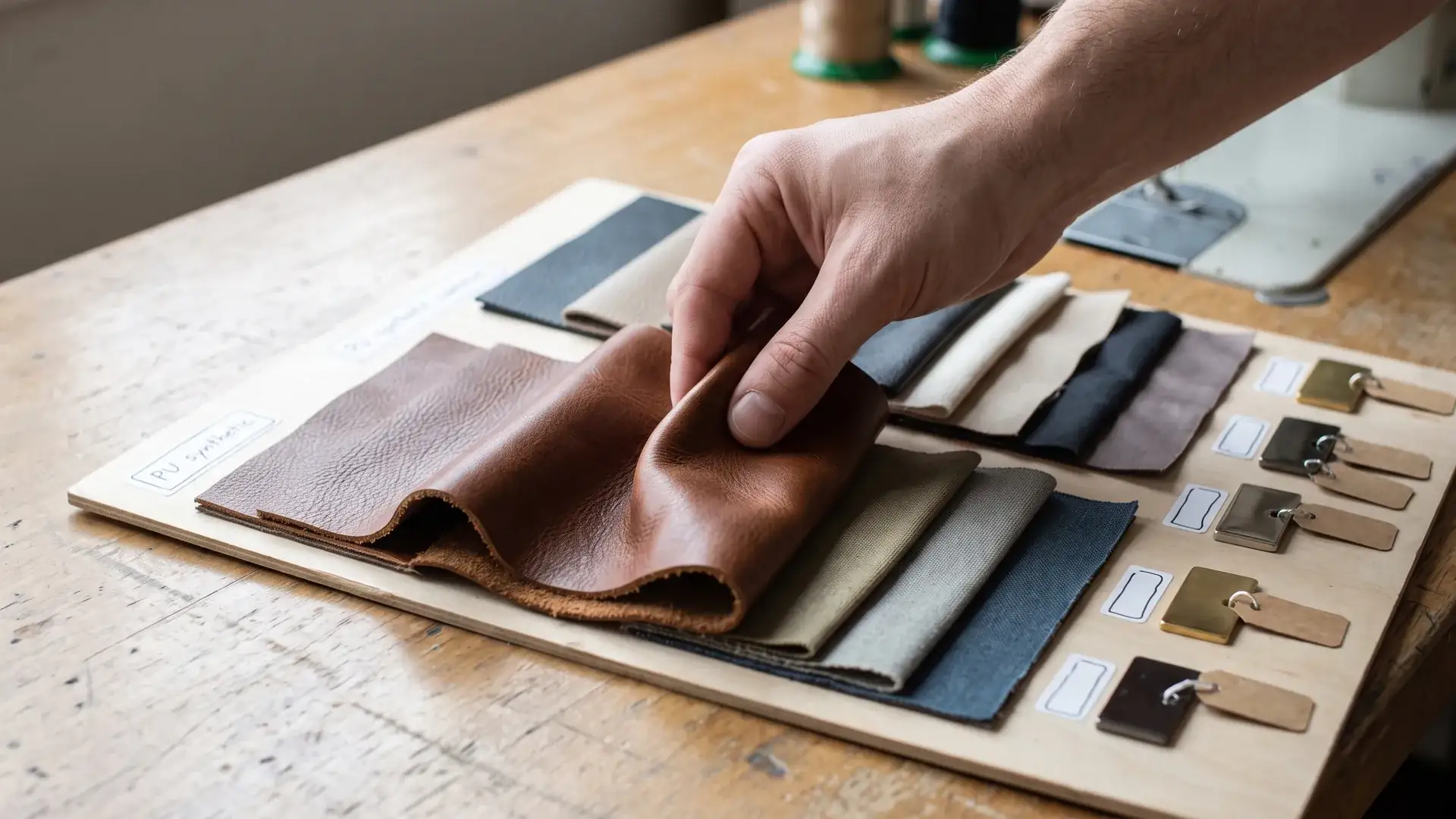 Custom handbag manufacturer material swatch board with leather, PU, canvas, lining, and metal finish samples for physical hand-feel approval.