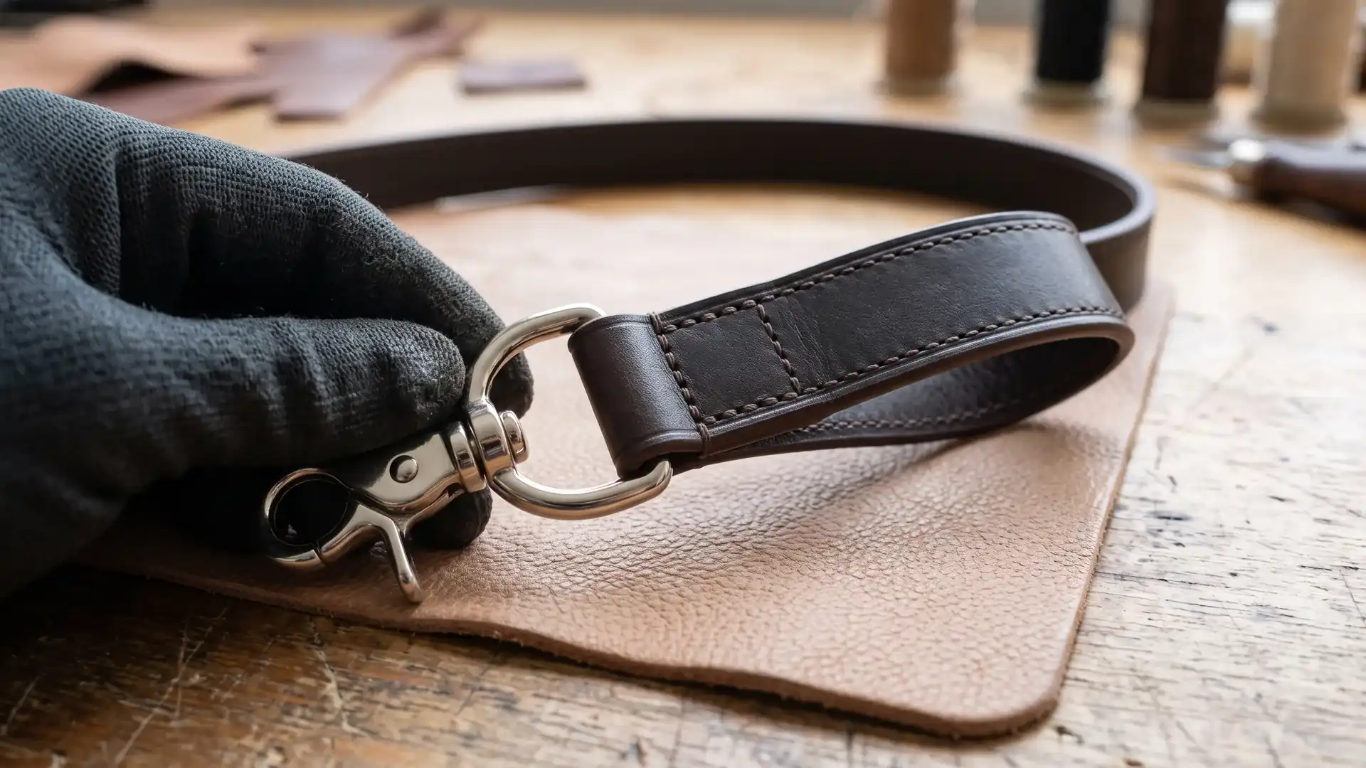 Custom handbag manufacturer hardware and edge paint close-up showing a D-ring strap attachment with even plating and smooth leather edge finishing.