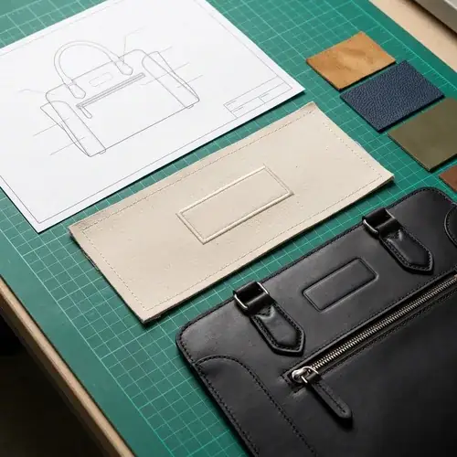 handbag-tech-pack-prototype Custom handbag manufacturer tech pack and structured prototype on a cutting table with paper pattern pieces, leather swatches, and a steel ruler showing design-to-sample translation.