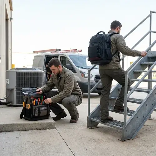 hvac-tool-bag-vs-technician-backpack-workflow HVAC tool bag vs technician backpack field service comparison showing an open-top bag stable near a service van while a technician backpack is worn climbing industrial stairs.