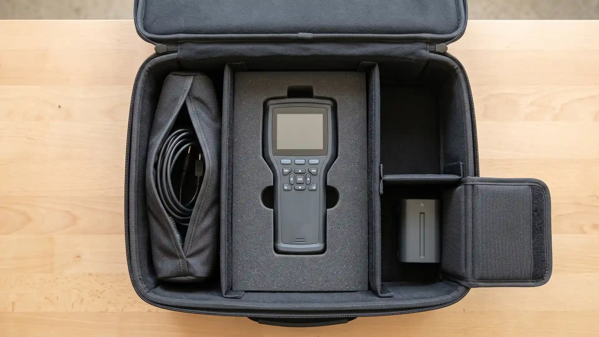 Top-down view of an open instrument carrying case with a main foam cutout for a handheld instrument, a padded cable sleeve on the left, and a zippered battery pocket on the lower right.