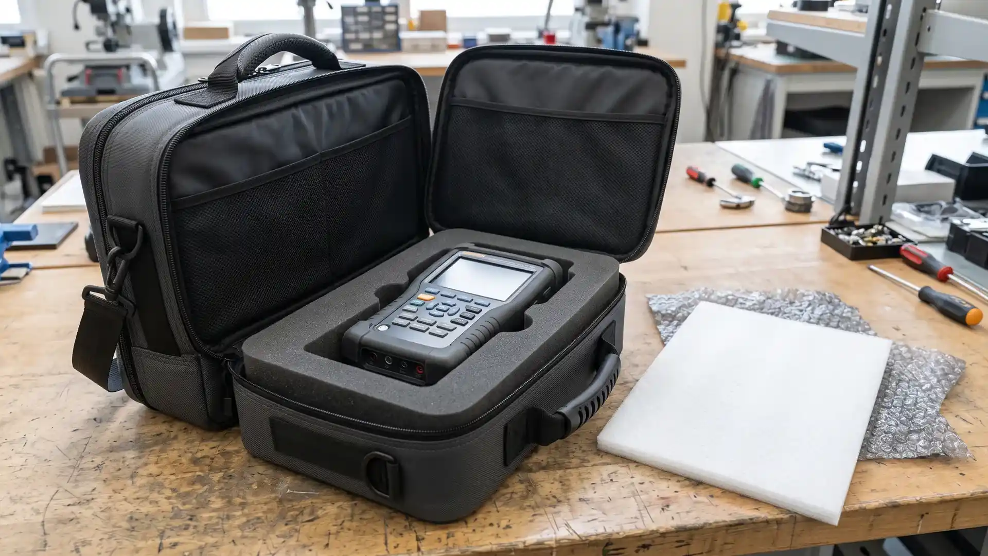 Open instrument carrying case with dense closed-cell foam insert holding an electronic instrument, while a loose piece of generic padding sits beside the case as a rejected alternative.