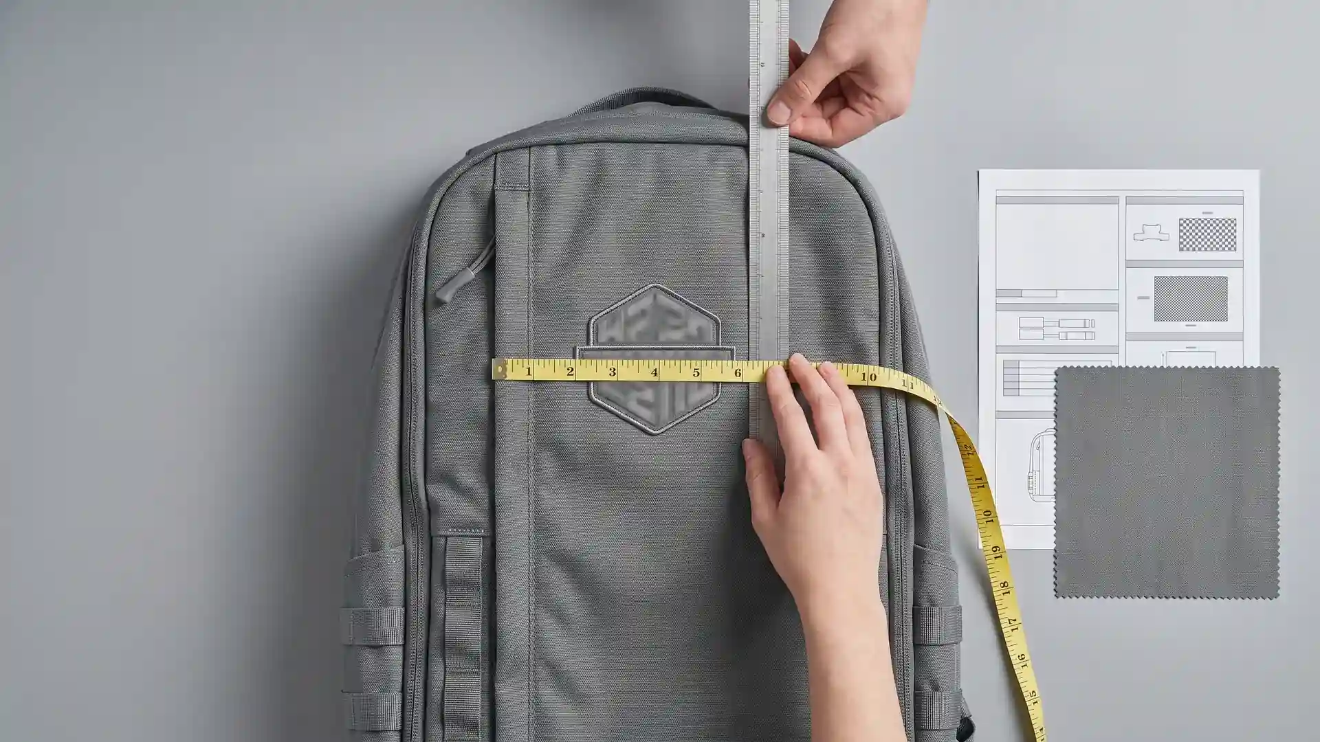 Overhead view of a pre-production backpack sample with a measuring tape and ruler checking logo width and seam distance for custom backpack logo methods approval.