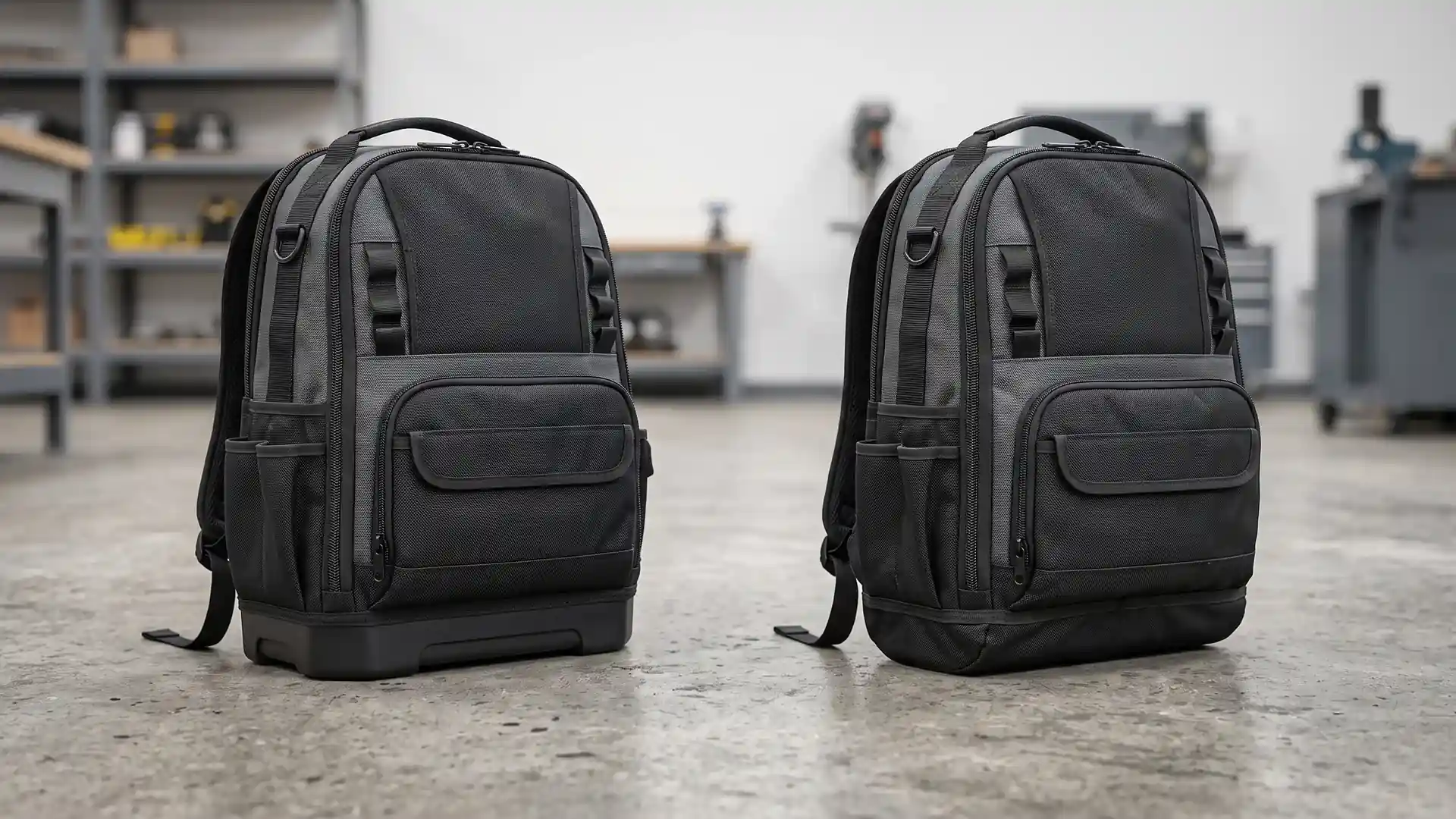 Hard bottom tool backpack comparison showing a molded rubber base model next to a fabric-wrapped PE board model on concrete.