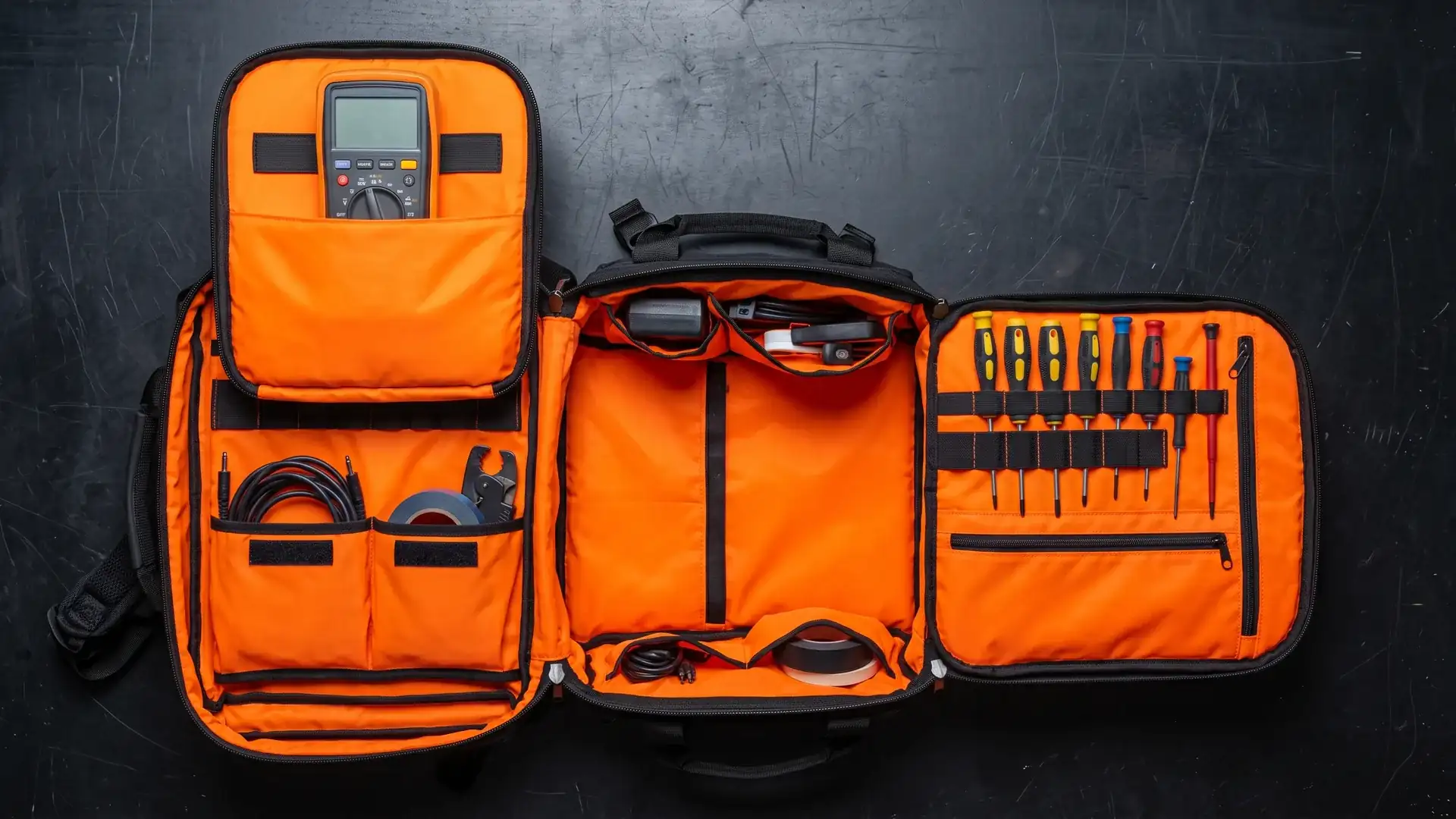 Open electrician tool backpack with high-visibility orange lining, vertical screwdriver loops, and padded multimeter sleeve laid flat on a worktable.