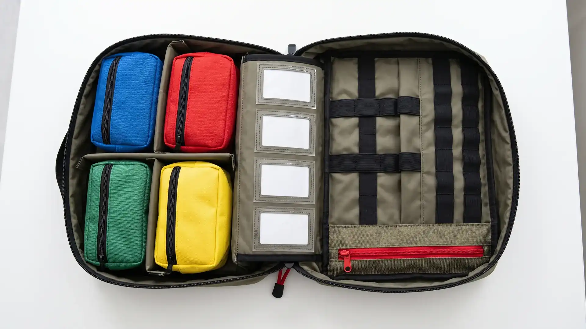 Open medical organizer bag laid flat showing color-coded removable pouches, clear TPU label windows, elastic retainers, and a red zipper puller for compartment layout planning.