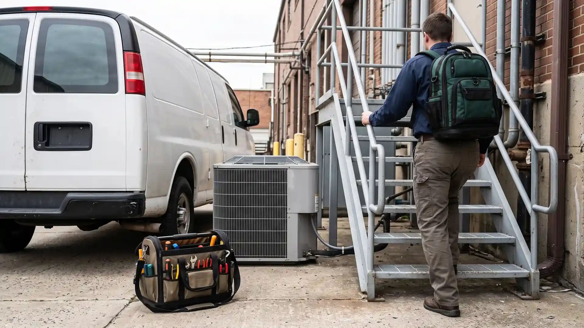 HVAC tool bag vs technician backpack field workflow comparison: an open-top tool bag stands by a service van while a second technician wearing a technician backpack climbs industrial stairs.