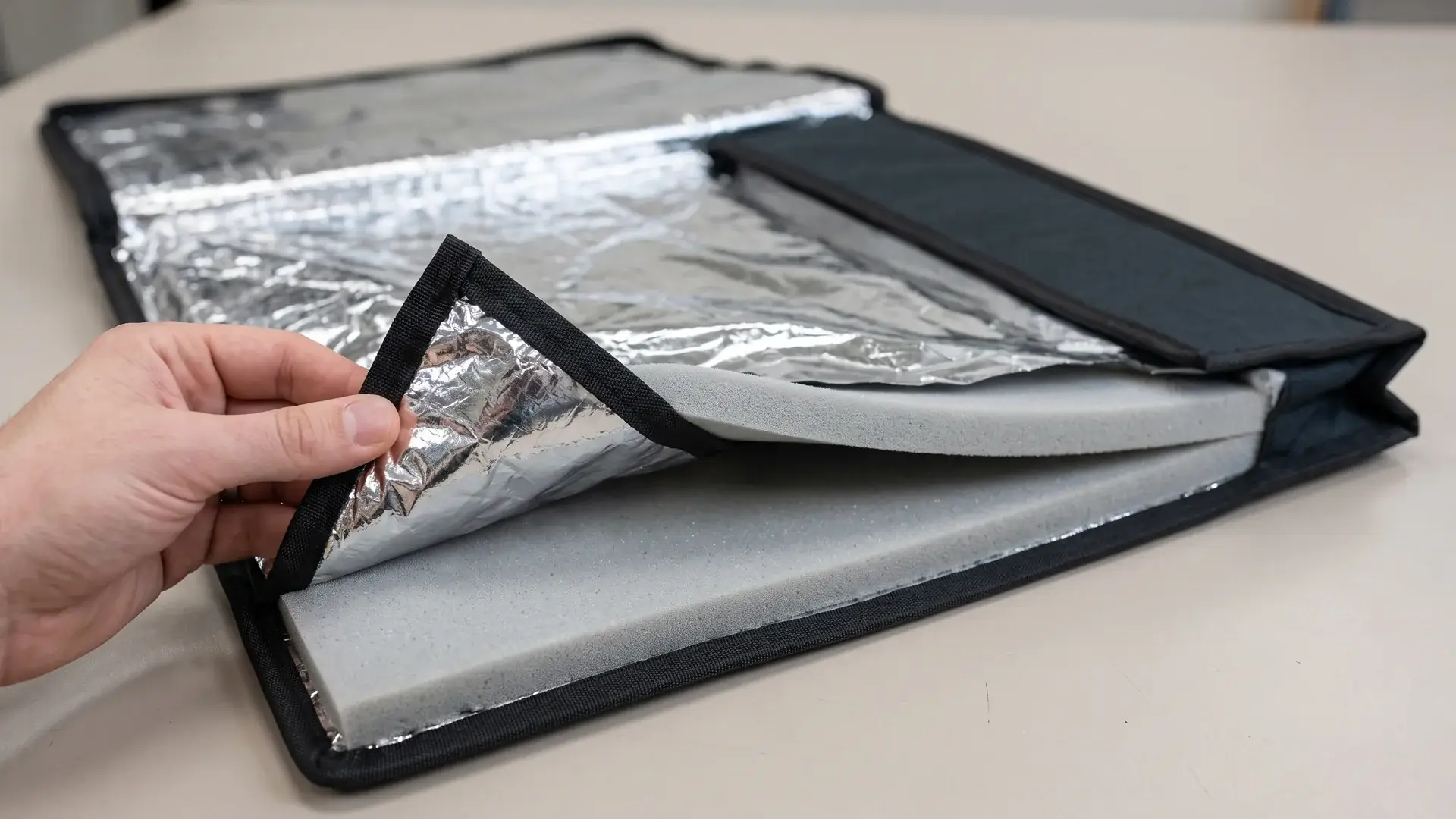 Close-up of a commercial pizza delivery bag with the reflective liner folded back to expose the closed-cell foam insulation layer and dark polyester outer shell on a worktable.