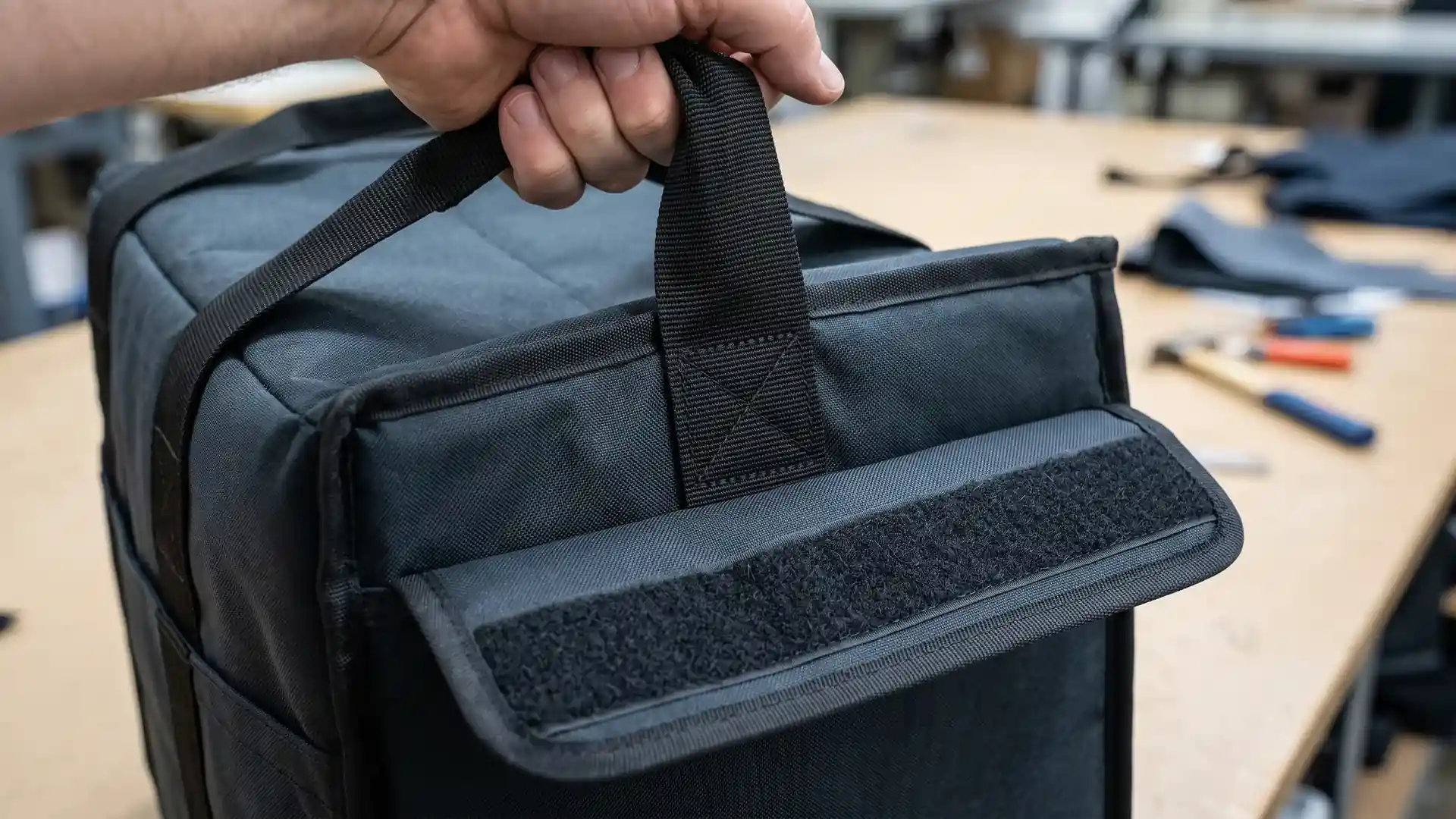 Reinforced webbing handle and X-box cross-stitch anchor on a commercial pizza delivery bag with a wide hook-and-loop flap open below.