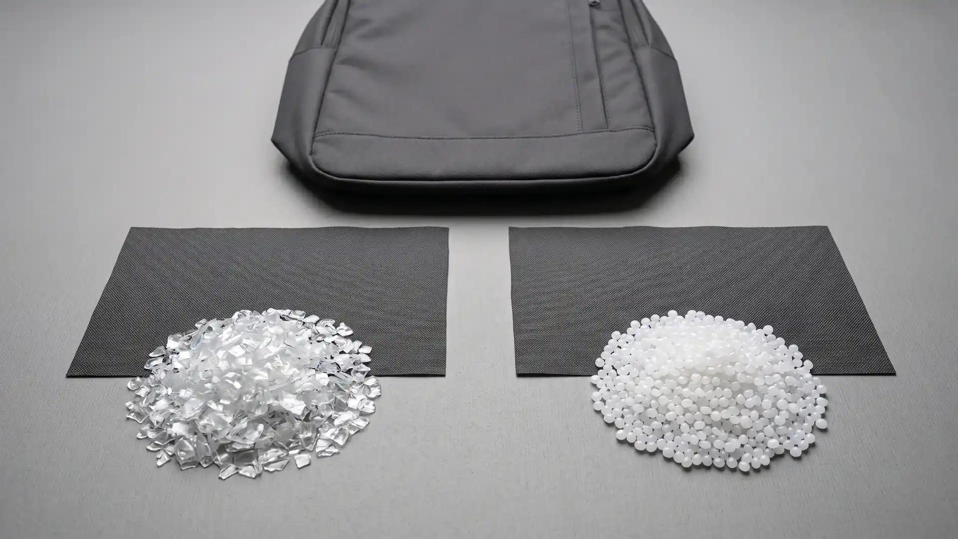 RPET vs virgin polyester bag fabric swatches compared beside their raw feedstocks and a backpack shell panel for B2B material sourcing decisions.