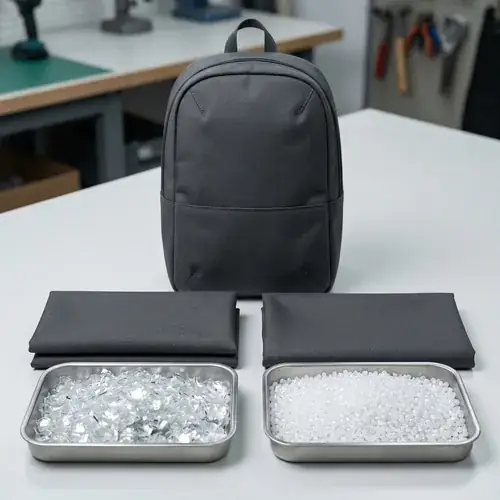 rpet-vs-virgin-polyester-bag-material RPET fabric made from recycled bottle flakes beside virgin polyester fabric made from synthetic pellets, both shown as swatches with a backpack shell panel for B2B bag sourcing comparison.