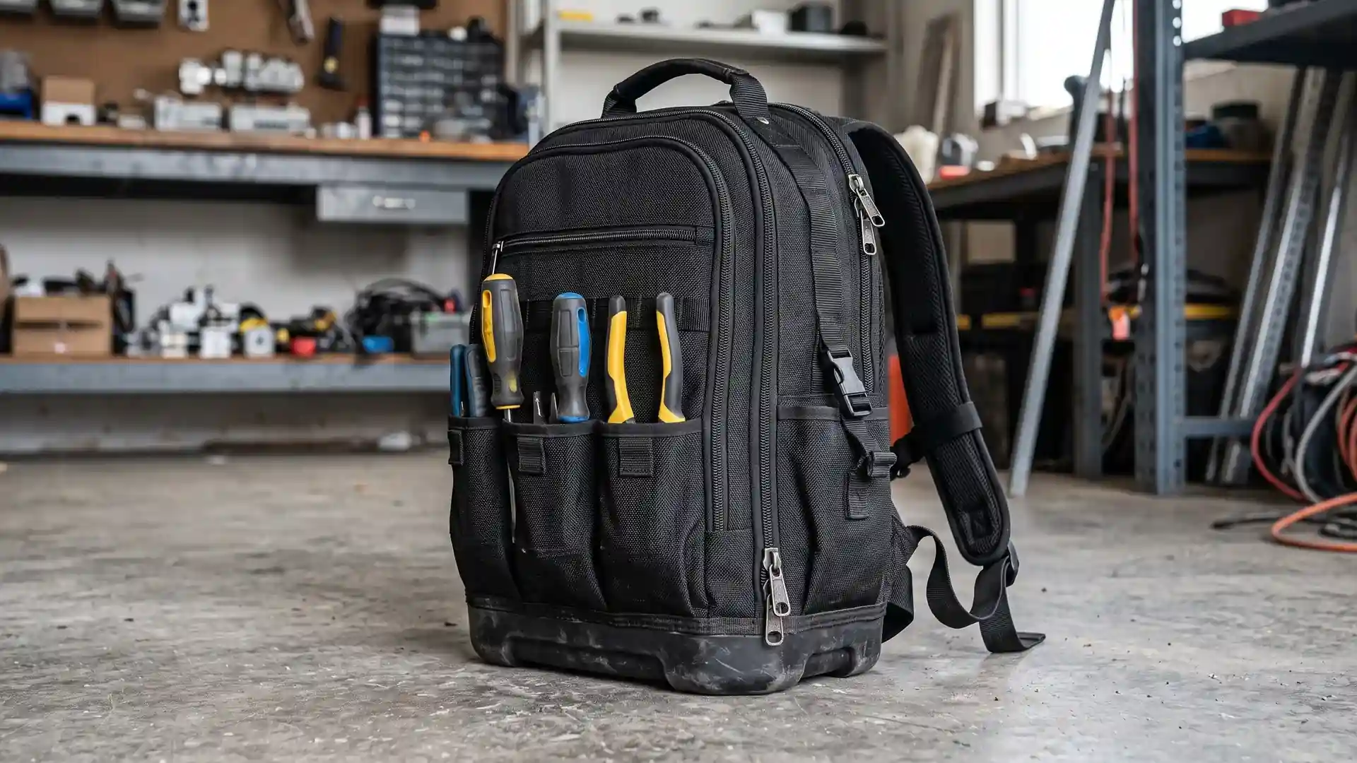 Rugged electrician tool backpack with molded hard bottom and 1680D shell standing upright on a workshop floor with hand tools in vertical outer pockets.