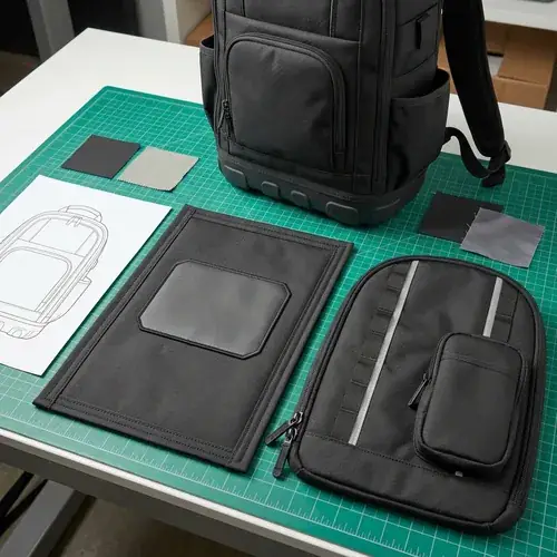 Electrician tool backpack upright on a sample table with a blank front patch area and 1680D fabric swatch for B2B sample approval.