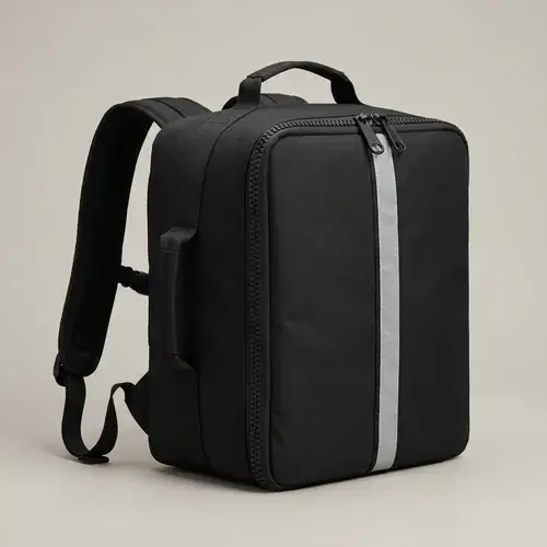 structured-commercial-food-delivery-backpack-studio Structured commercial food delivery backpack with padded shoulder straps, reinforced top handle, reflective safety strip, and heavy-duty zipper shown on a plain studio background for B2B fleet sourcing.