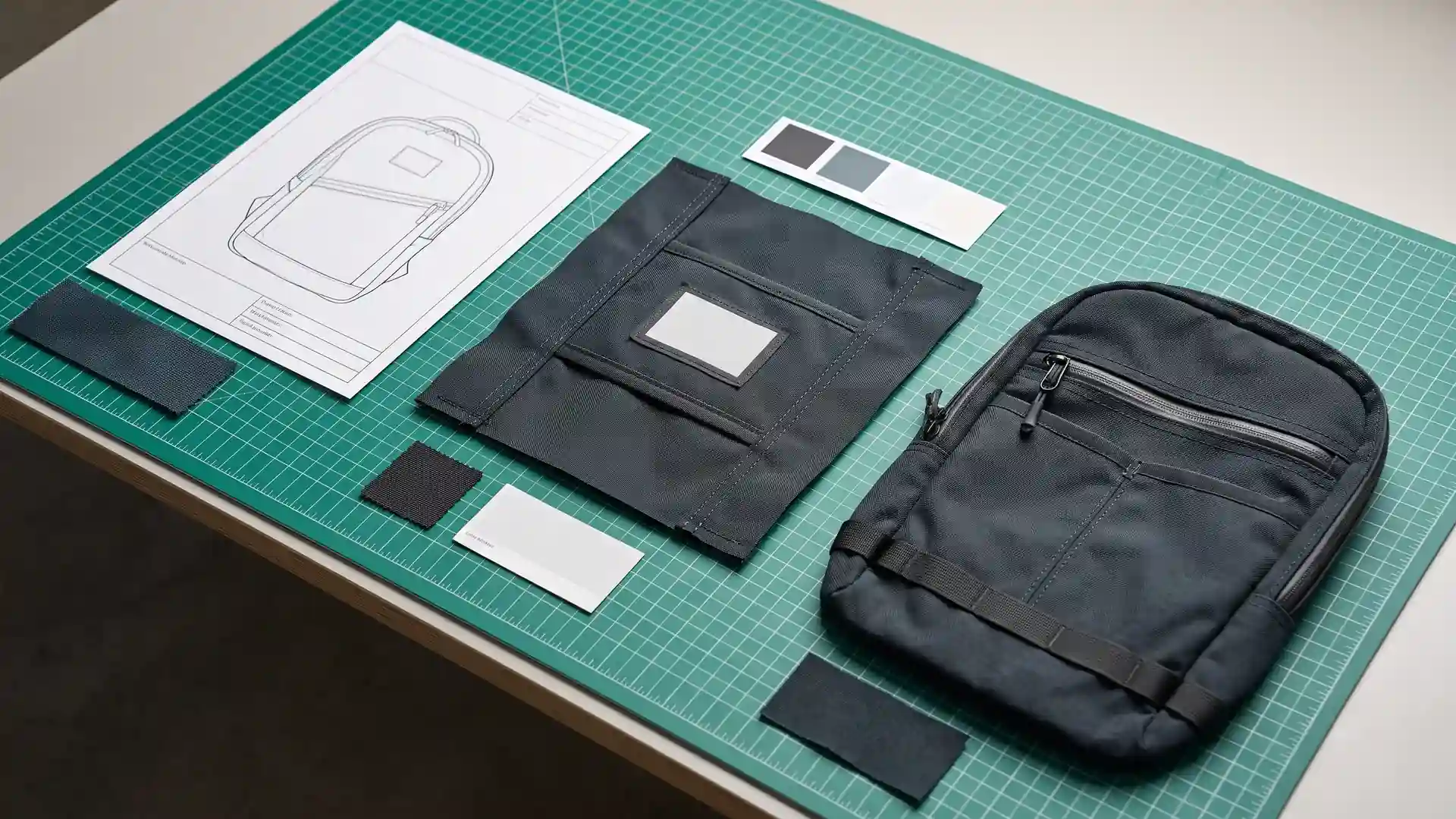 Pre-production bag sample approval comparing a printed tech pack spec sheet with a finished backpack and fabric swatches for bag sample approval checklist.
