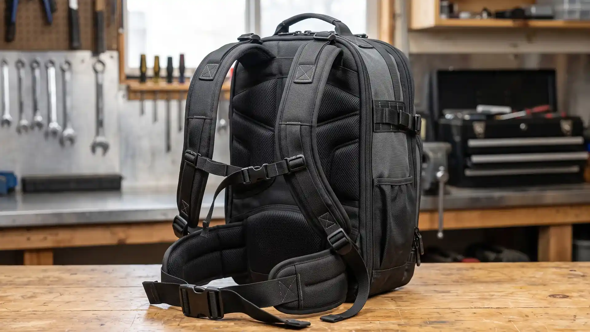Technician backpack rear harness closeup showing wide padded shoulder straps, sternum strap, structured back panel, and reinforced strap anchors for field service load distribution.