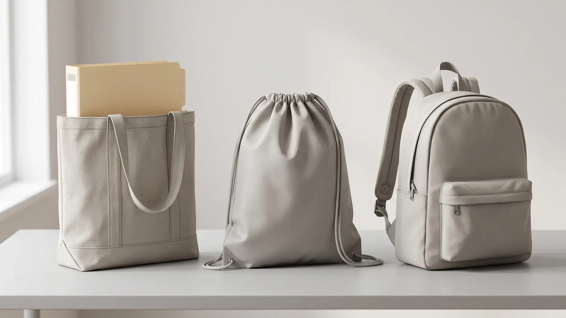 Side-by-side comparison of three event swag bag formats—medium tote with an A4 folder, drawstring bag, and compact backpack—shown on a neutral table to help buyers match bag shape to attendee insert load.