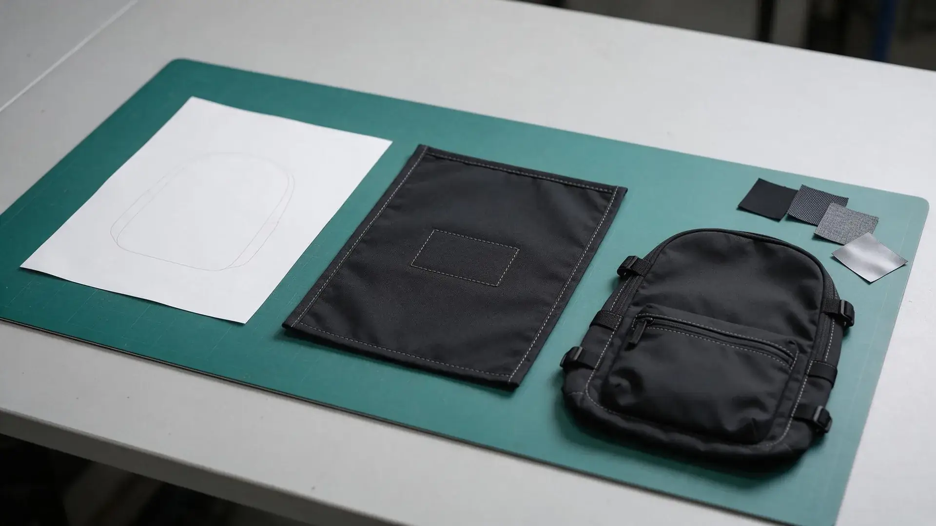 Side-by-side bag sample approval checklist comparison of an approved backpack reference and a bulk production unit showing a shifted logo patch, deeper fabric shade, and packaging mismatch on a QC worktable.