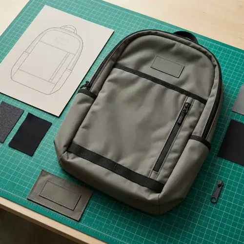 Pre-production backpack sample on a QC table with fabric swatches, zipper pull tester, and a blank logo patch for bag sample approval review.