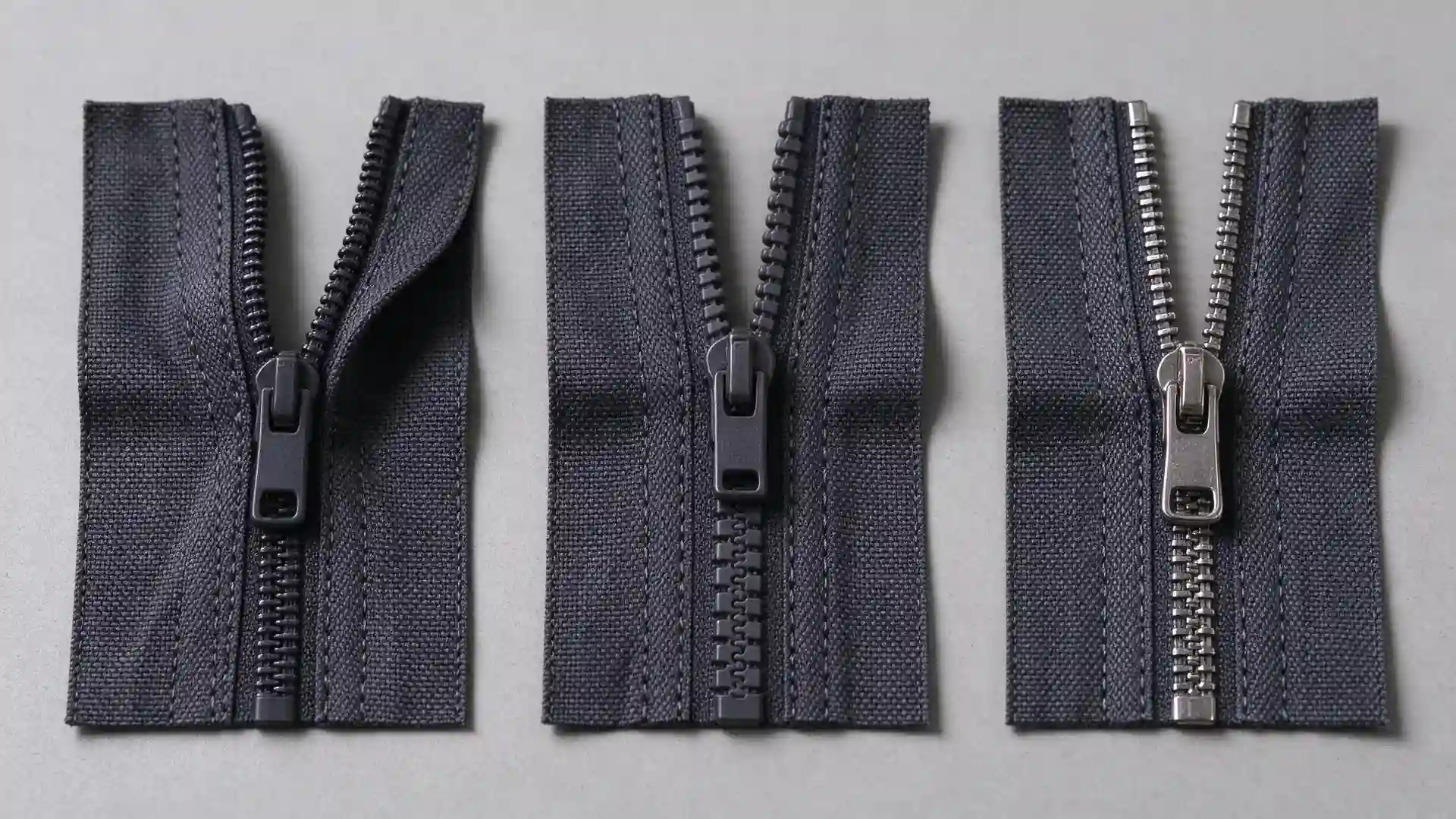 Coil, resin, and metal heavy duty bag zipper strips sewn on dark woven fabric swatches showing tooth profile, flexibility, and slider placement for construction comparison.