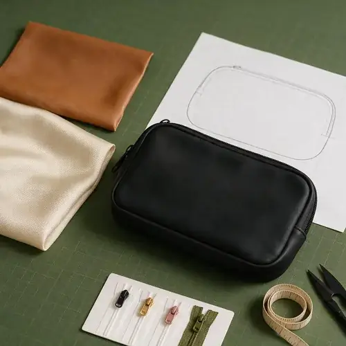 cosmetic-bag-manufacturer-design-process Finished cosmetic pouch on a sourcing worktable beside PU and nylon swatches, zipper samples, and a paper pattern outline used in OEM makeup bag development.
