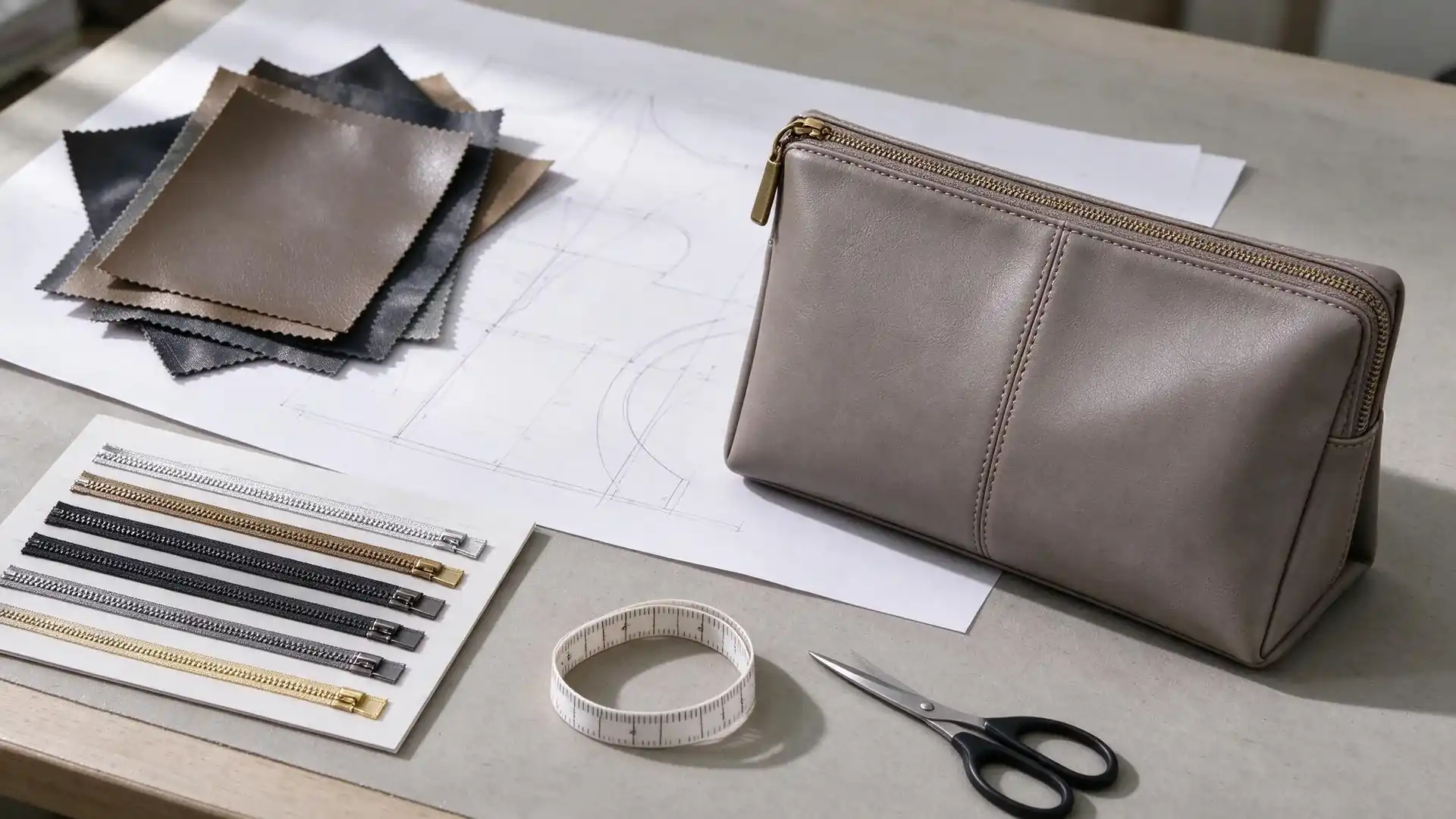 Flat-lay of a cosmetic pouch with PU and nylon swatches, zipper color card, and hand-drawn pattern on a worktable, showing the OEM specification components a makeup bag manufacturer coordinates.