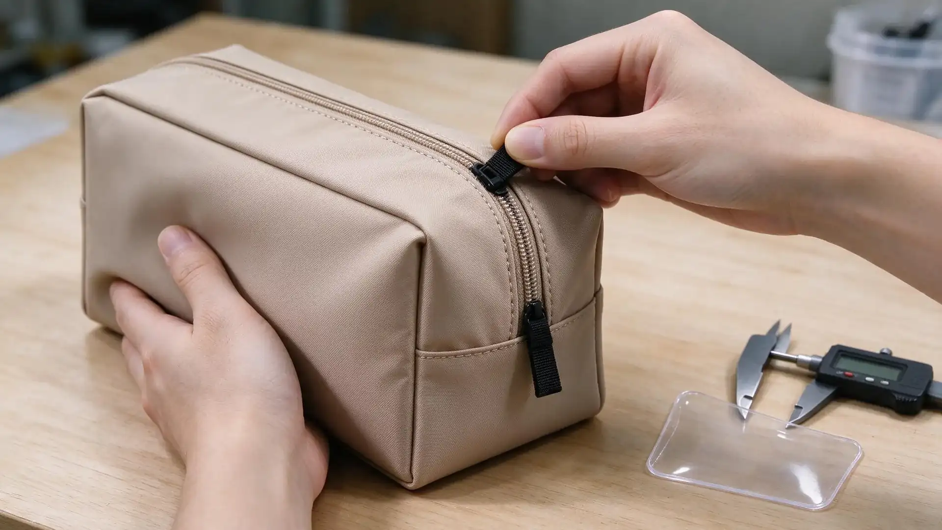 QC inspector pulling a cosmetic pouch zipper around a curved corner while a digital micrometer and clear TPU swatch rest on the worktable, showing the checks a makeup bag manufacturer uses for high-return defects.