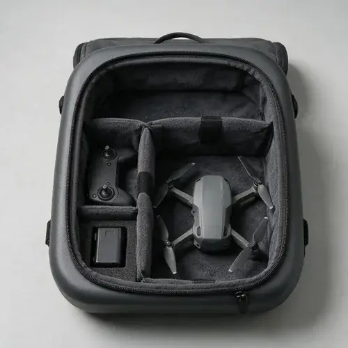 Open drone backpack with molded EVA shell and divided interior holding a drone and controller for B2B equipment protection sample.