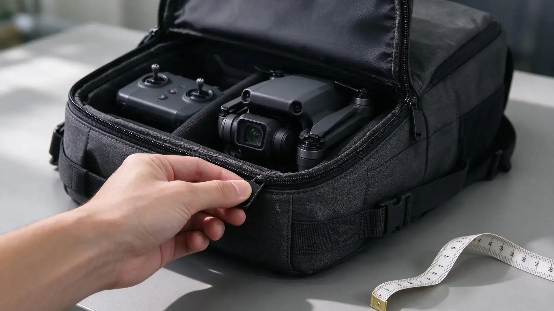 Close-up of a hand guiding the zipper around the corner of a loaded drone backpack during a pre-production fit test, showing clearance between the zipper teeth and the gimbal area.