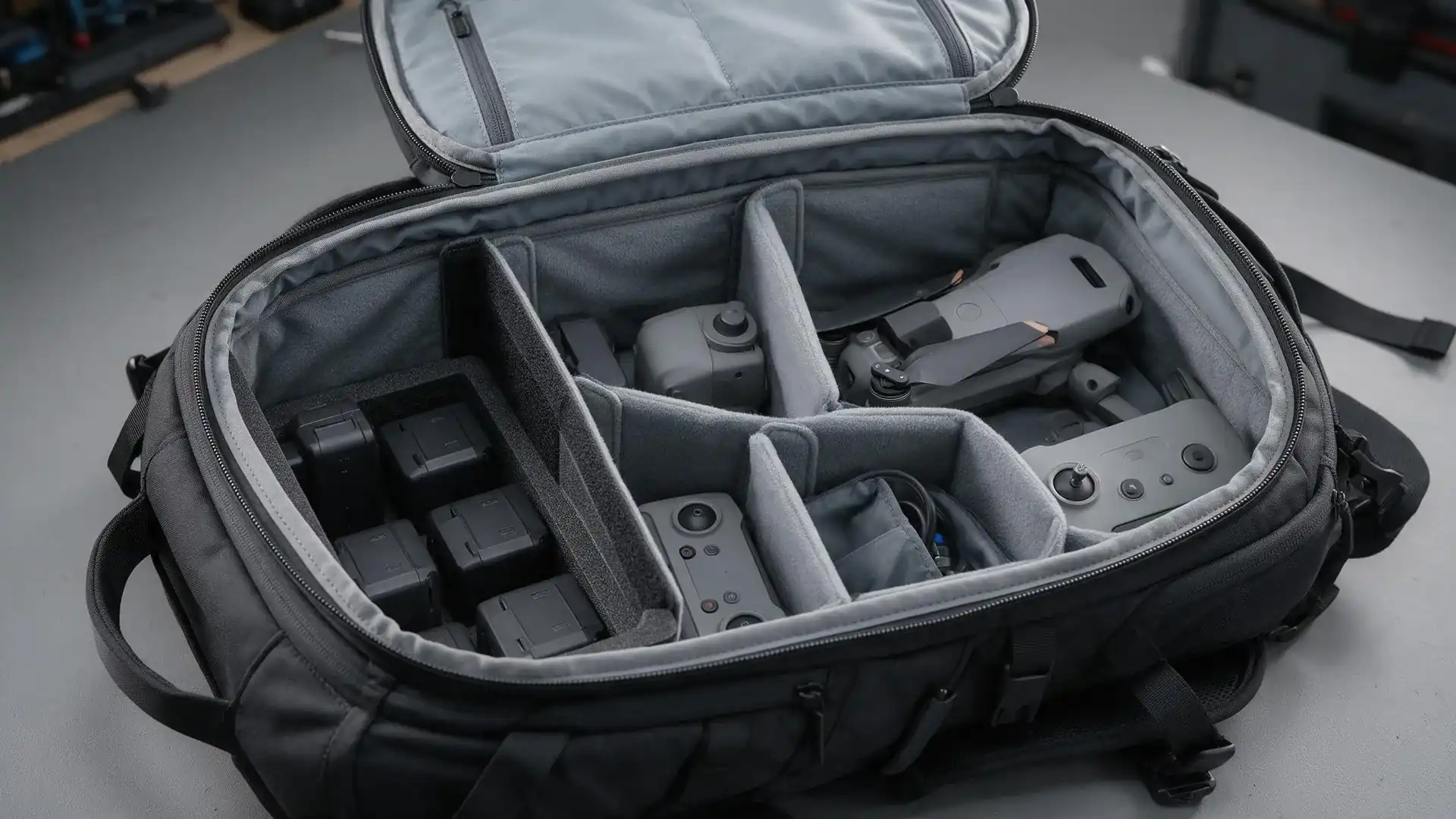 Top-down view of an open drone backpack interior with a high-density foam battery pocket at lower left and a soft-lined drone cavity at upper right, showing divider separation for equipment protection.