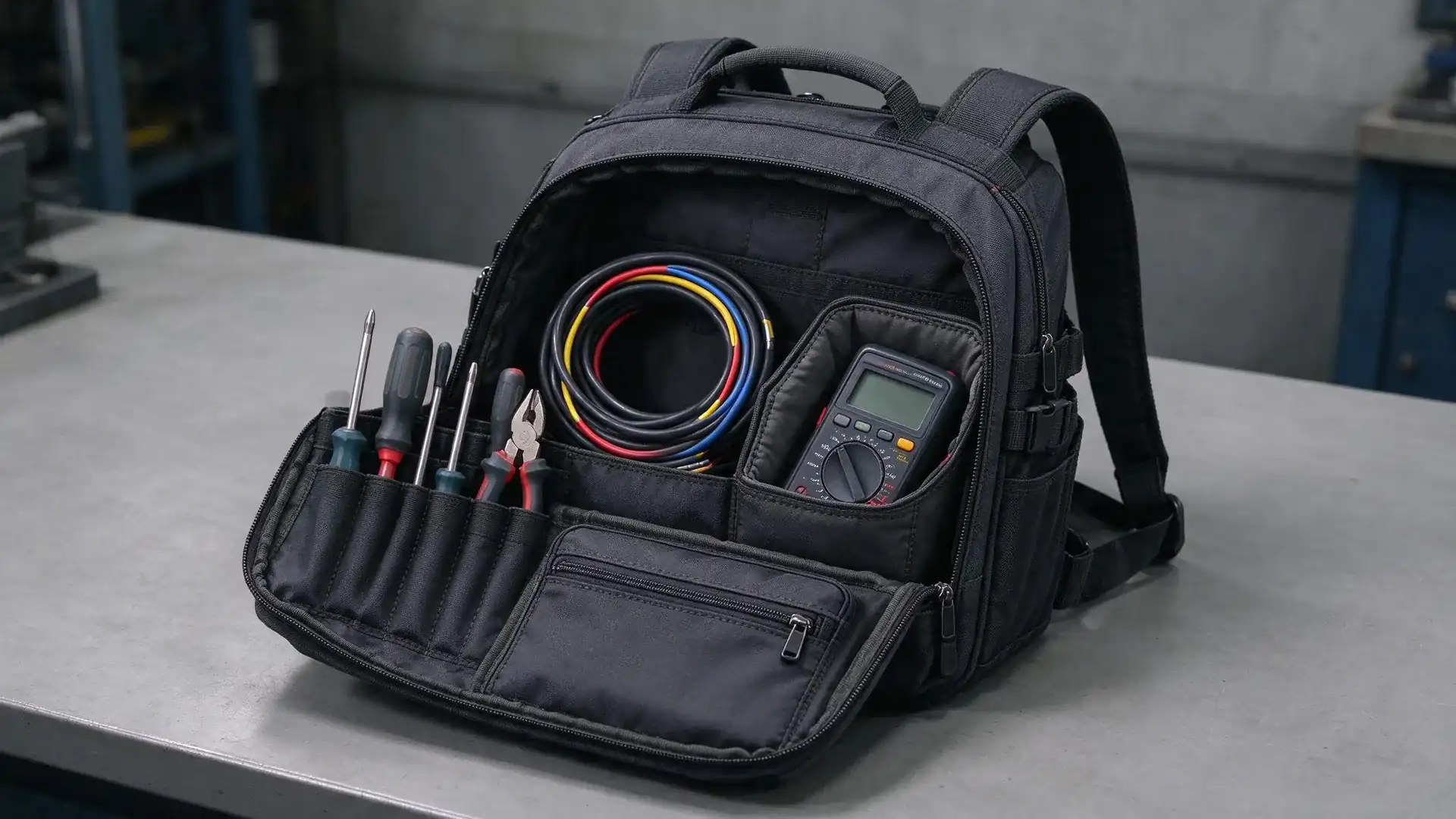 Open electrician tool backpack showing workflow-zoned pockets for screwdrivers, a padded meter compartment, coiled cable, and small parts pouch on a worktable.