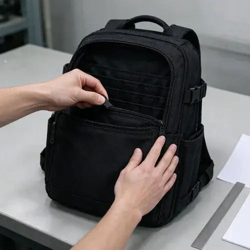 Electrician tool backpack with opened main zipper on a QC worktable beside a steel ruler and blank inspection sheet.