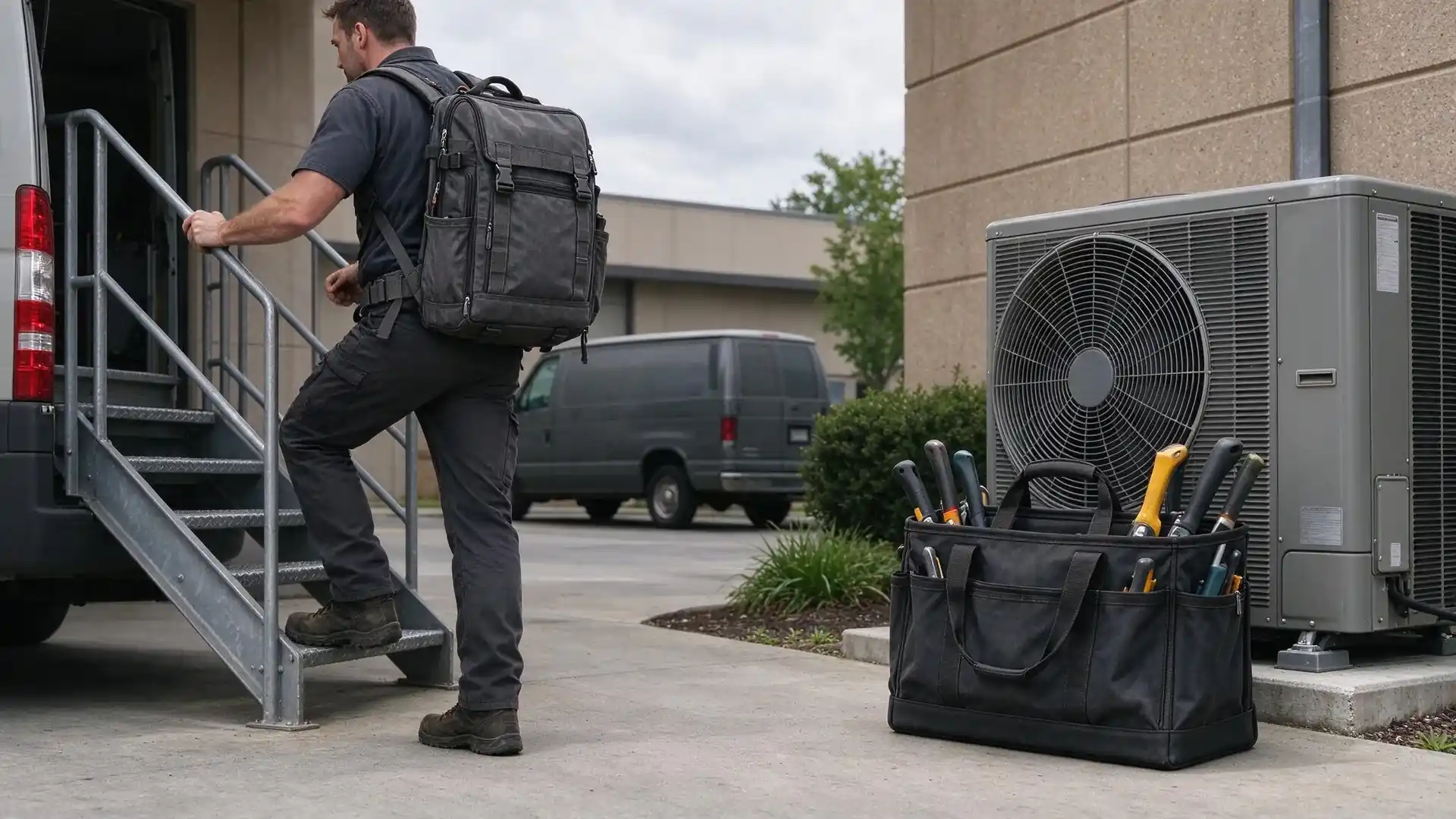 Technician wearing a tool backpack climbs outdoor metal stairs with one hand free while an open-top HVAC tool bag sits beside an outdoor condenser unit, illustrating the HVAC tool bag vs technician backpack mobility tradeoff for field service routes.