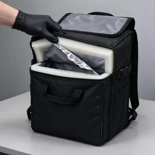 food-delivery-backpack-thermal-stack-inspection Open commercial food delivery backpack on an inspection table showing wipe-clean liner, foam edge, and reflective thermal layer for sourcing evaluation.
