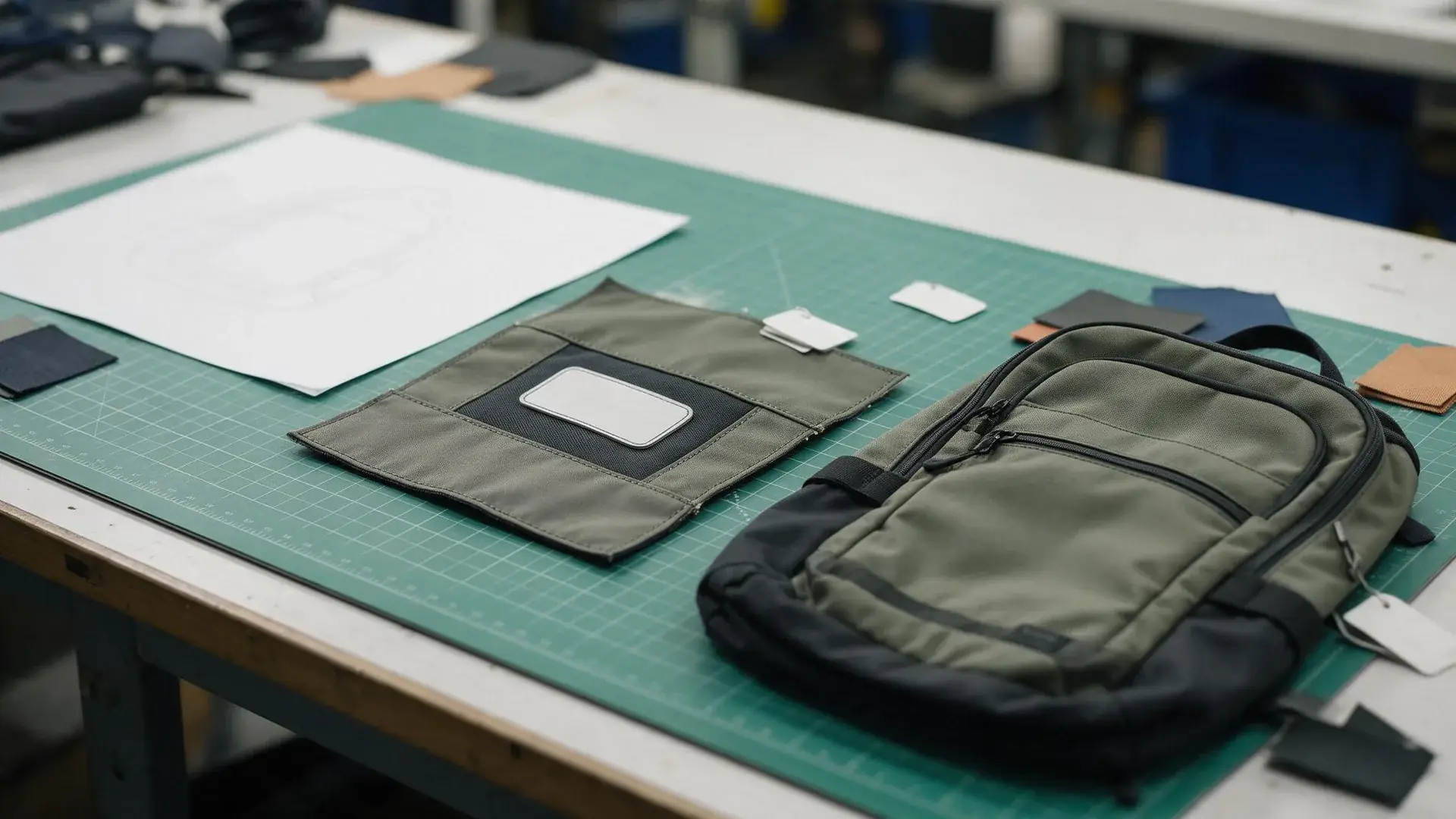 Golden sample backpack with a tamper-evident seal tag tied through the top handle beside a closed tech pack folder and fabric swatches for bag sample approval checklist sign-off.