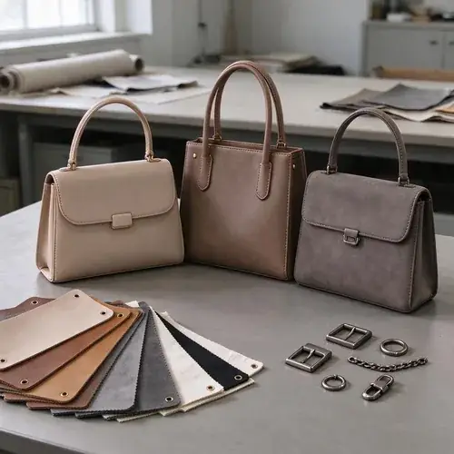 handbag-manufacturing-workflow Structured women's handbag samples with material swatches and hardware options on a custom handbag manufacturer sample room table.