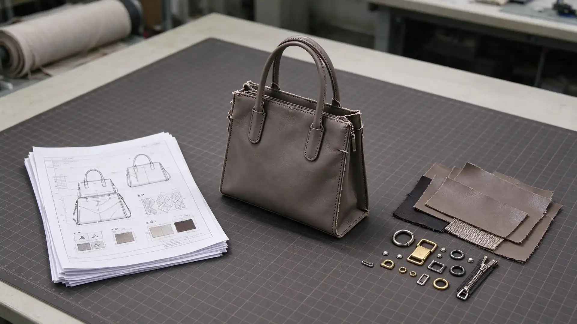Overhead sample room worktable with a printed handbag tech pack, partially finished structured handbag prototype, and leather and hardware swatches for a custom handbag manufacturer sample development stage.