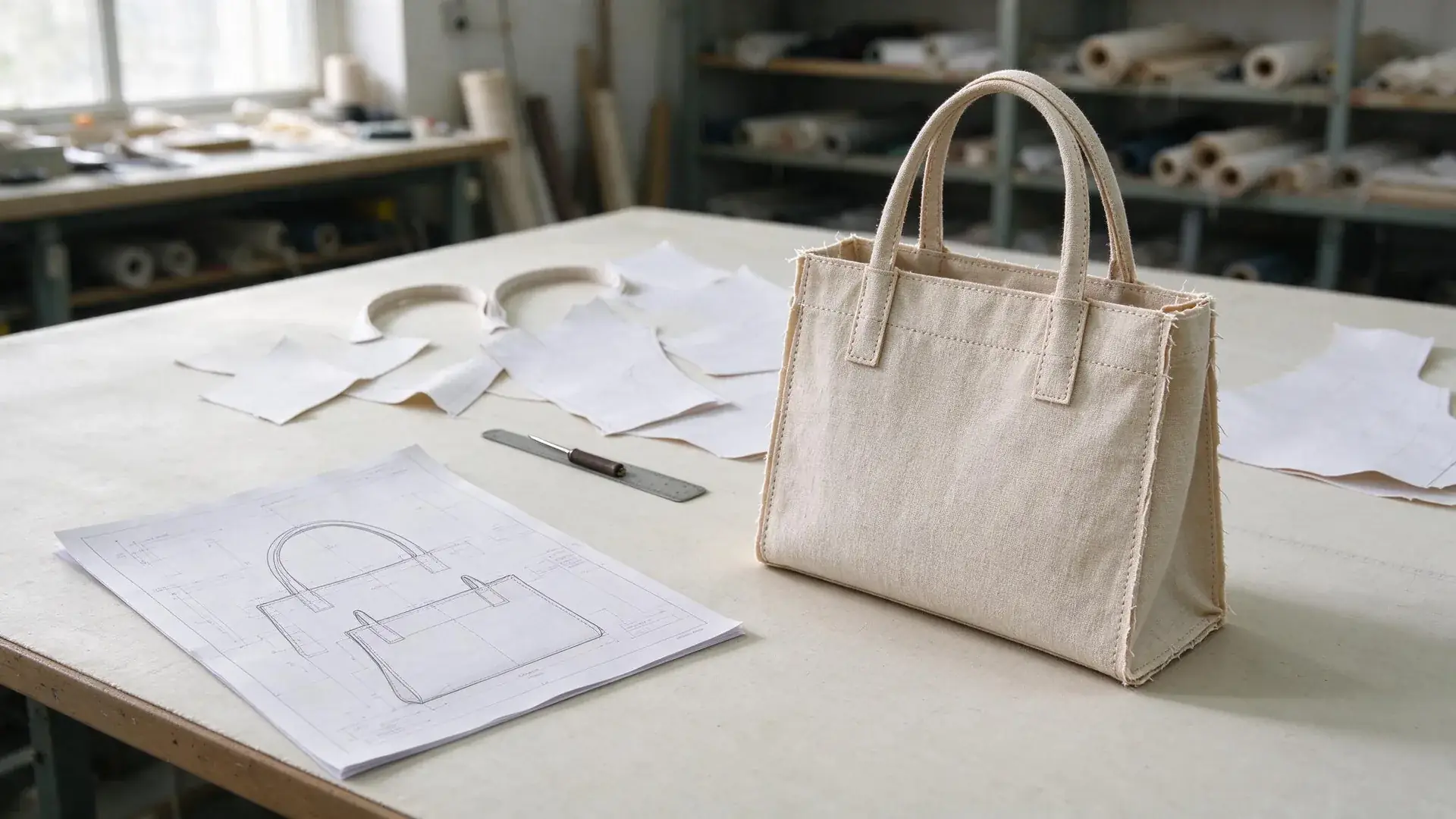 Printed handbag tech pack, raw-edge structured handbag first prototype, and loose pattern paper pieces on a sample-room worktable for custom handbag manufacturer sample development.