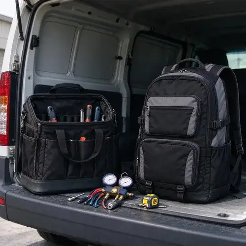 hvac-tool-bag-vs-backpack-comparison Side-by-side comparison of an open-top HVAC tool bag and a technician backpack on a service van tailgate, showing tool access zones and carry method differences for field-service buyers.