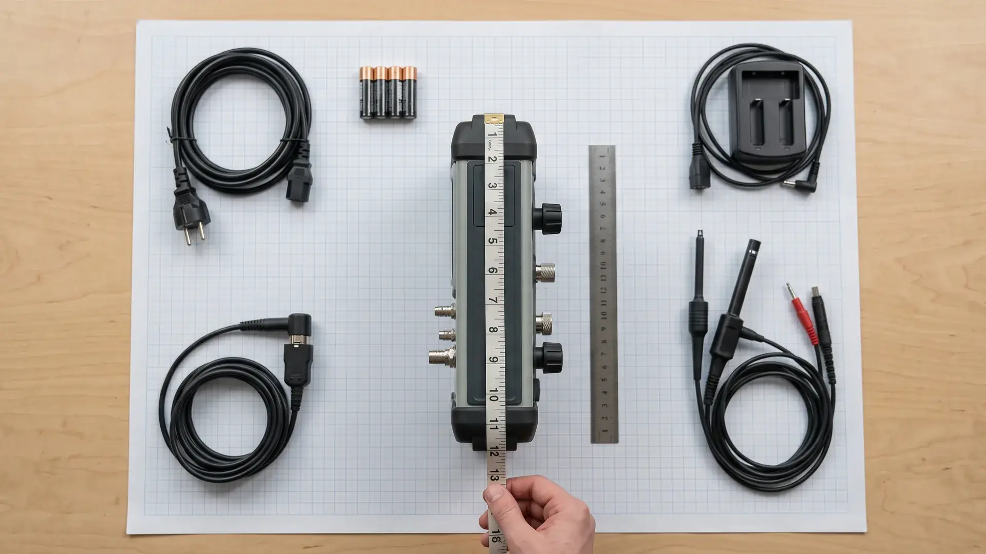 Top-down workbench view of an industrial instrument being measured for a carrying case layout with separated accessory groups.