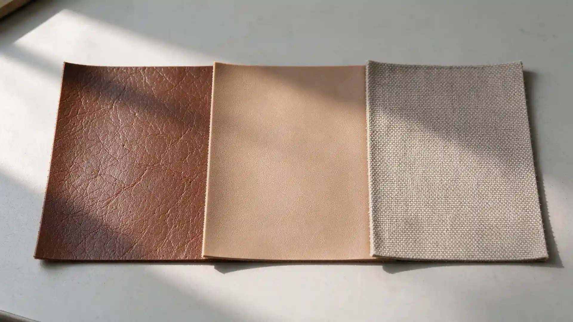 Side-by-side material swatches of textured top-grain leather, smooth microfiber PU, and heavy woven canvas for custom handbag manufacturer material selection.